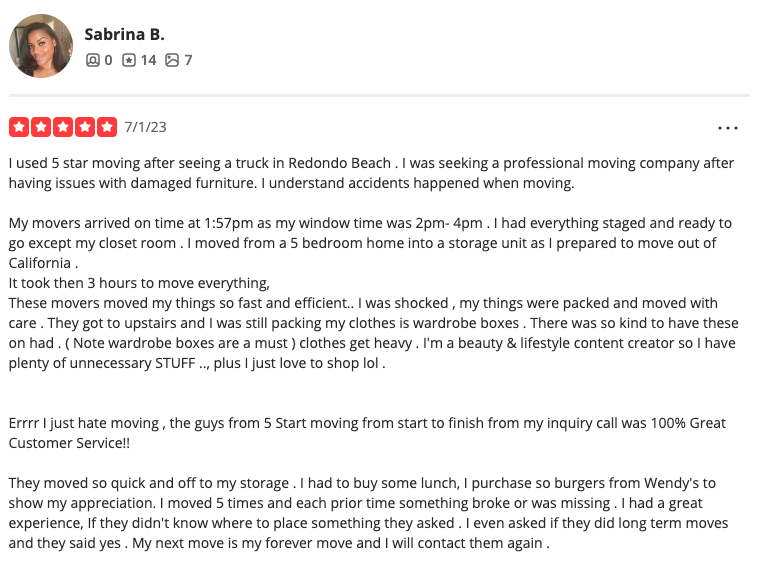 5 Star review from a happy customer after moving with Five Star Moving and Storage